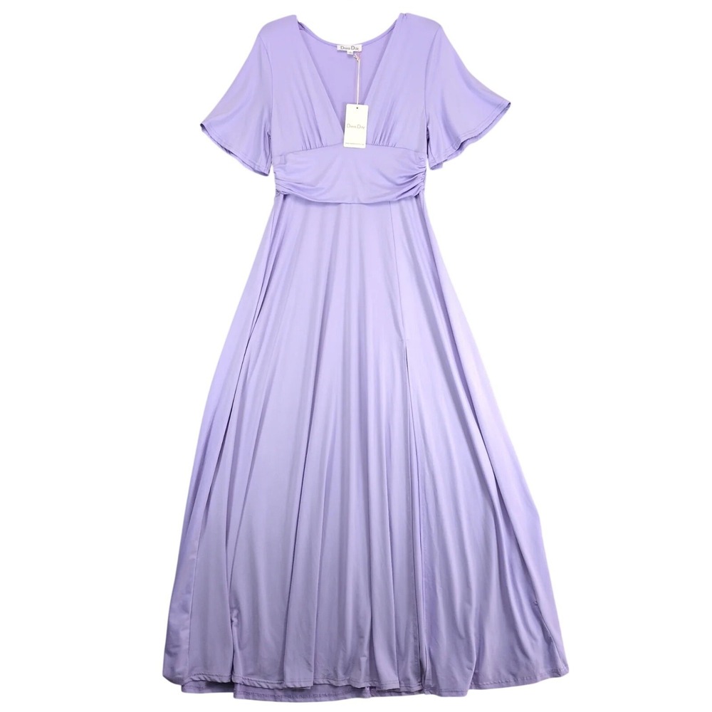 NWT Dress Day Purple Maxi Dress Sz L V-Neck High Leg-Slit Smocked Waist Stretch